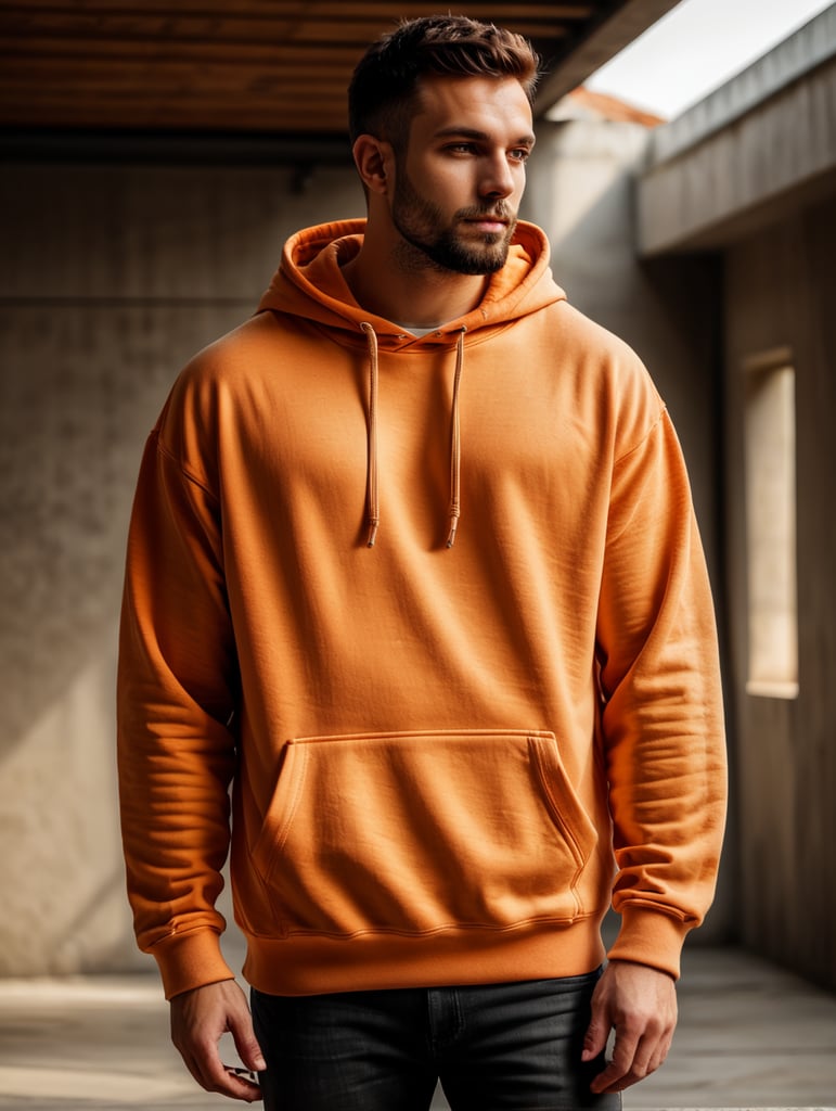 drop shoulder orange vintage washed hoodie without drawstrings blank mockup, laying on a concrete floor