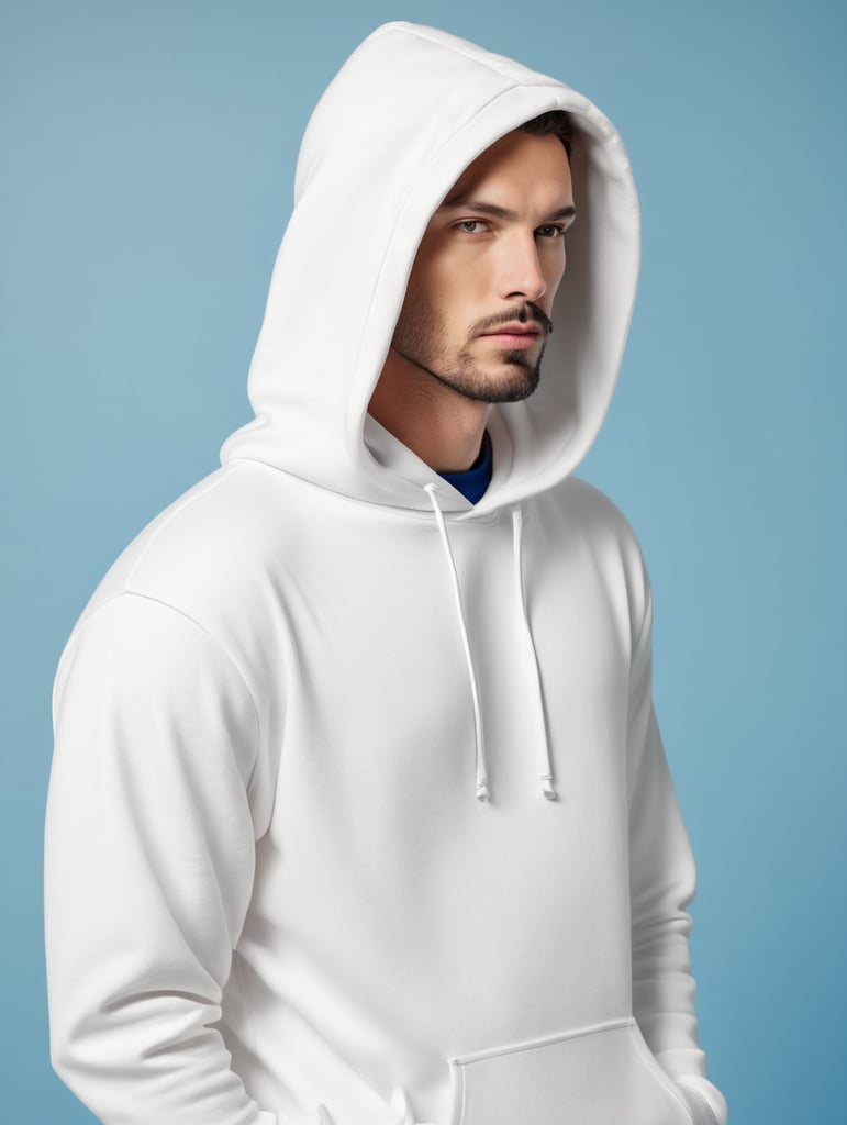 a man wearing blank white hoodie, isolated, blue background, style of Miles Aldridge, mockup, mock up