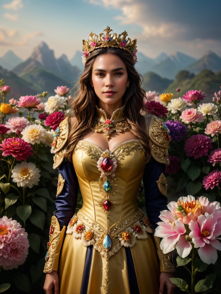 queen of flowers, with crowns of assorted flowers, and floral floral accessories, queen costumes of various flowers, full body, masterpiece, epic details, photorealistic, Cinematic, Ultra HD, Professional photography, ultrafine detailed, crazy details, intricate details.