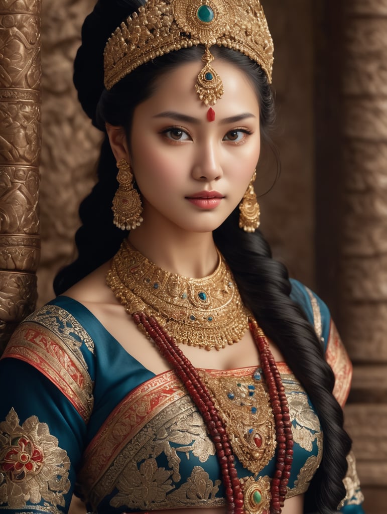 In vivid detail, this image showcases a female figure, captured in a meticulously crafted photograph. The subject exudes natural beauty, with every pore and imperfection of her skin texture revealed. She stands majestically, donning traditional or ceremonial attire that has been intricately adorned. The image portrays her from head to toe, allowing viewers to appreciate the fullness and grandeur of her appearance. The photo is rendered with such remarkable precision and clarity that every intricate detail can be easily observed. With its extraordinary level of detail, this image truly immerses the viewer in the exquisite beauty and cultural richness of the subject.