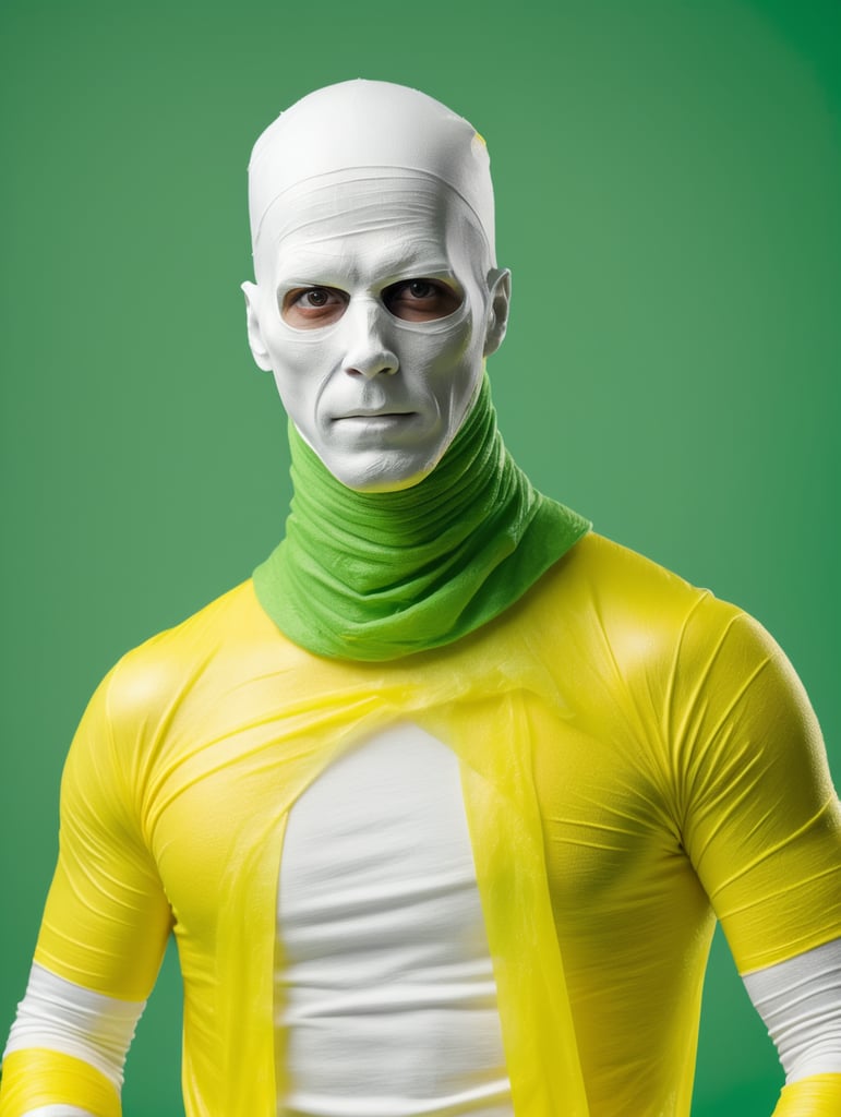 A photograph of man covered in yellow bandages with realistic style, halloween costume, green background, full body, show hands, show neck and head