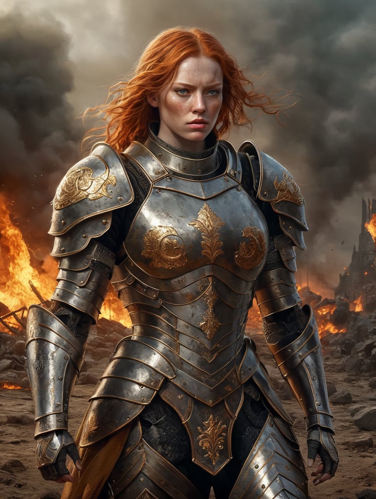 detailed illustration of ginger female divine paladin wearing full plate armor, heavily damaged armor, standing sad on a battlefield, battlefield on fire as background, dirt, misery and decadence, dark ambient, art by Mschiffer, tetradic colors,