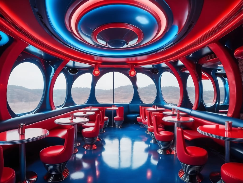 Futuristic interior of UFO cafe. Alien interior, red and blue tones