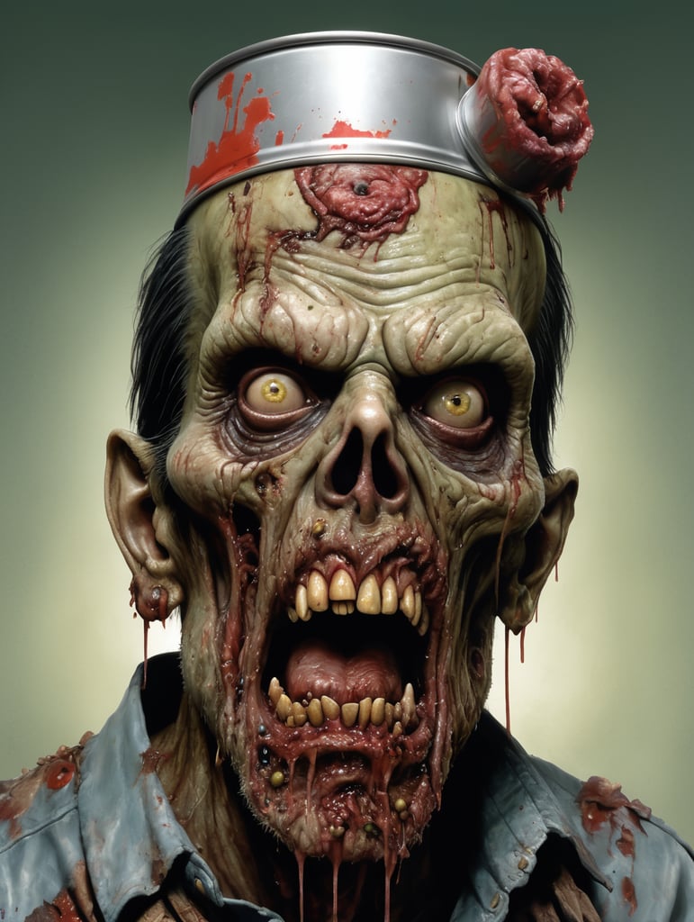 Zombie spray can ,Rotting flesh ,hored of zombie flesh horror, ironic, creepy, scary caricature, satire, hyperdetailed illustration by Brian Bolland and iconic, hyperdetailed, digital illustration by Derek Riggs, (iconic, hyperdetailed, haunting digital illustration by Zdzisław Beksiński and Peter Gric. ) and artist Vincent Locke