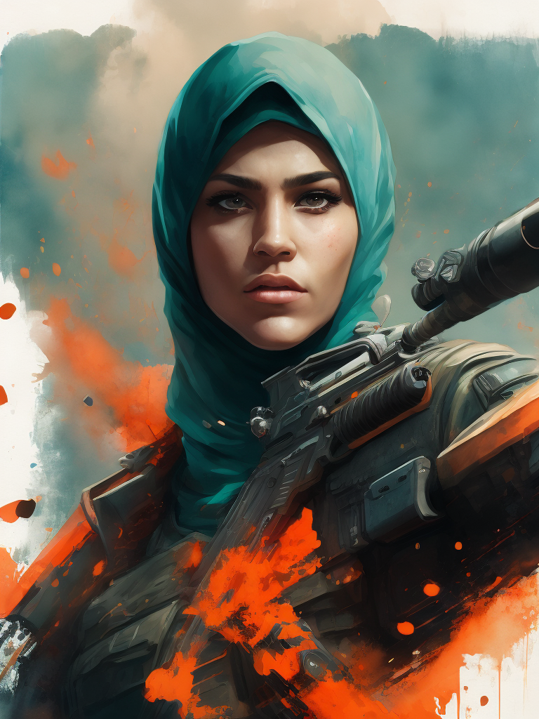 terrorist man with hijab from counter strike game with ak-47, ultra realism, super detailed, neon colors, magazine cover, professional shot, magazine photography, bright saturated colors, sharp focus, highly detailed