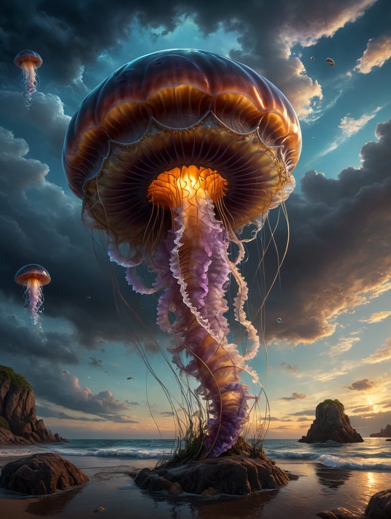 jelly fish in sky on top half, fish on land on the bottom