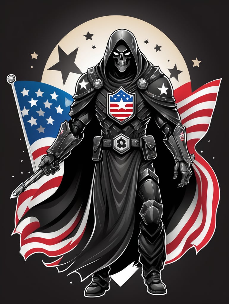 Vector American black Ghost with a flag and stars on it mascot logo, e-gaming, bright colors, Gaming Logo, vector image