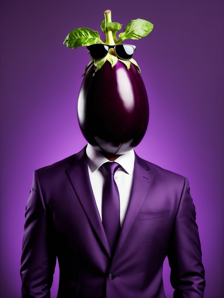 A man in a business suit with a eggplant for a head, dark purple background, sunglasses, isolated