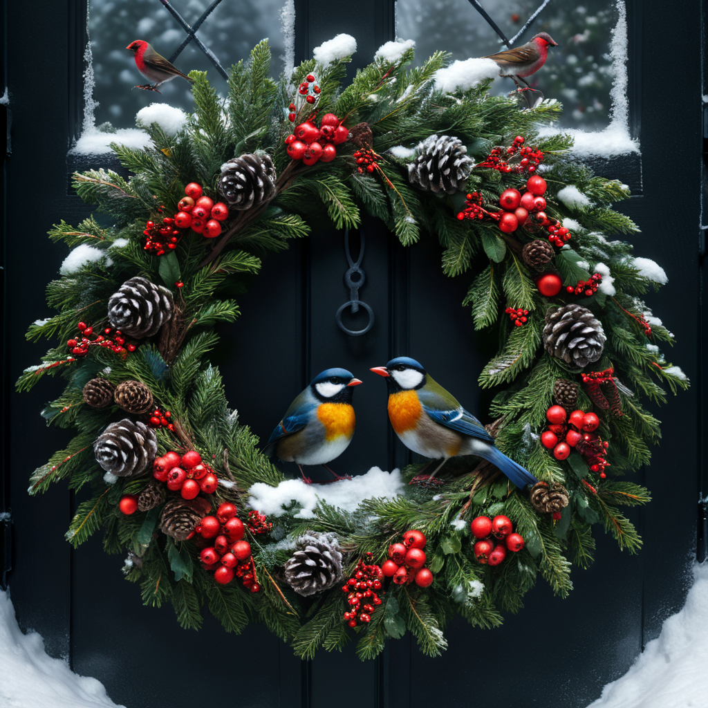 close up photo of a christmas wreath with a bird and berries on it, snowy atmosphere, dark colors, deep colors