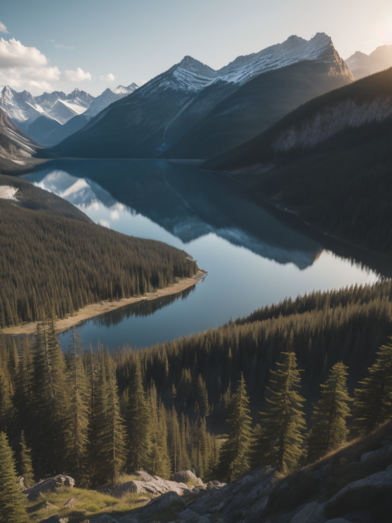 british columbia, surrounded by mountains and nature, beautiful lakes and rivers, volumetric lighting, photorealistic, insanely detailed and intricate, canadian rocky mountains, ultra hd, matte painting, radiant light rays, highres, highly detailed, concept art, Aesthetic, contrast light