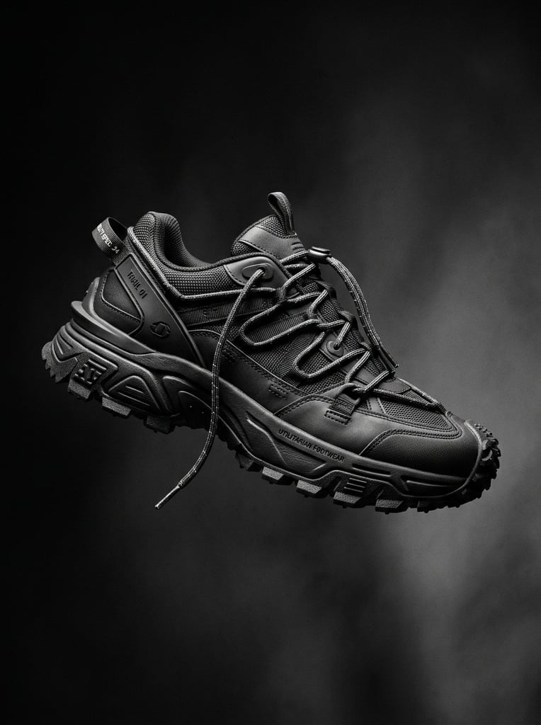 Chunky black utilitarian sneaker floating mid-air, multi-layered mesh and matte rubber, intricate bungee cord lacing, thick rugged segmented sole, dark gradient studio backdrop, dramatic side lighting, sharp focus, monochrome product photography