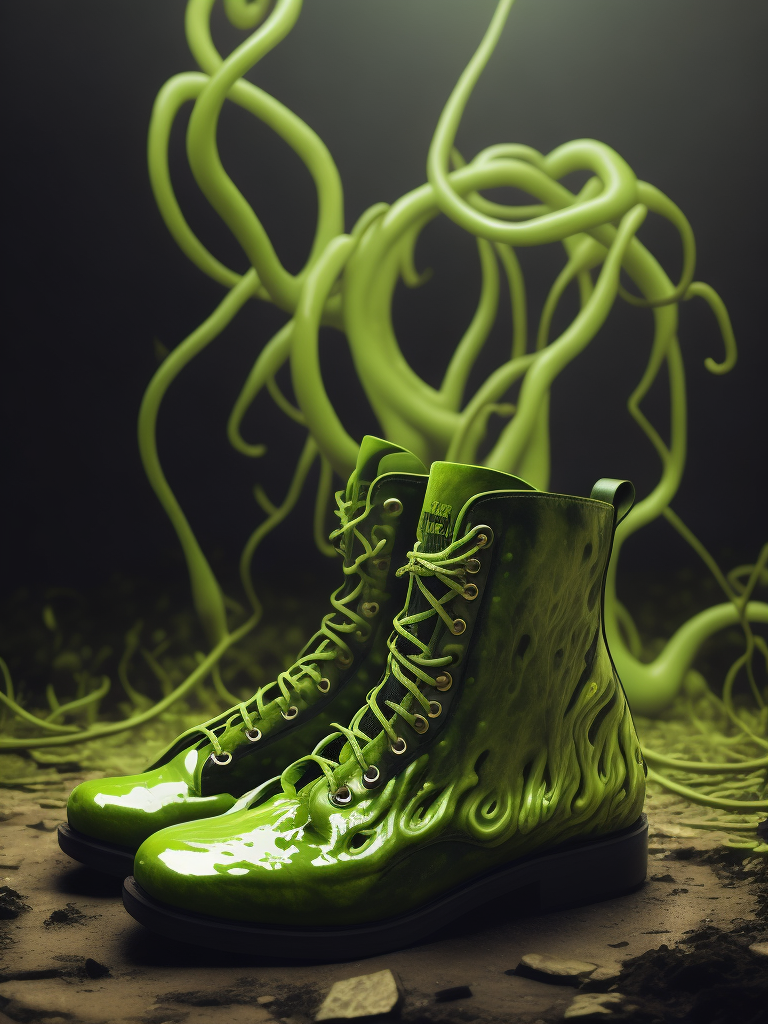 realistic photo of organic shoes make from dark slime, sci-fi, alien, deep atmosphere, dark, saturation, vibrance, sharp on details