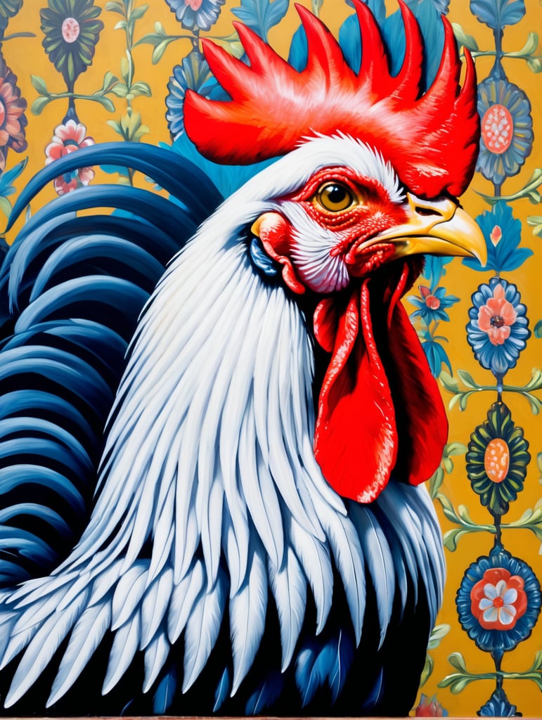 a rooster, style of Catherine Nolin, Painting, Acrylic, Oil, Portrait, Interior, USA