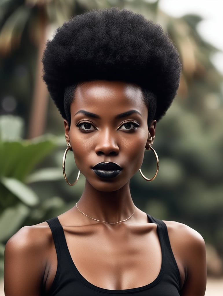 very short hair, very big wide nose, big lips, very skinny, jet black skin is girl, 4c hair afro, darkskin, no shirt