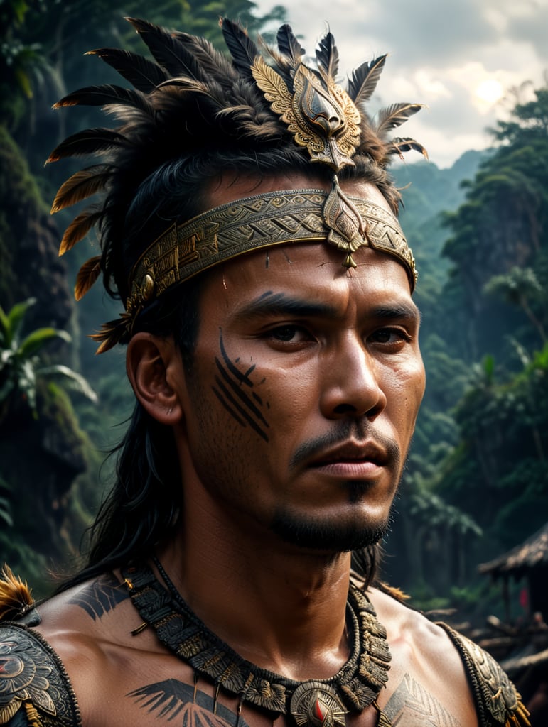 A Man Dayak tribe cultural with dress traditional morning light