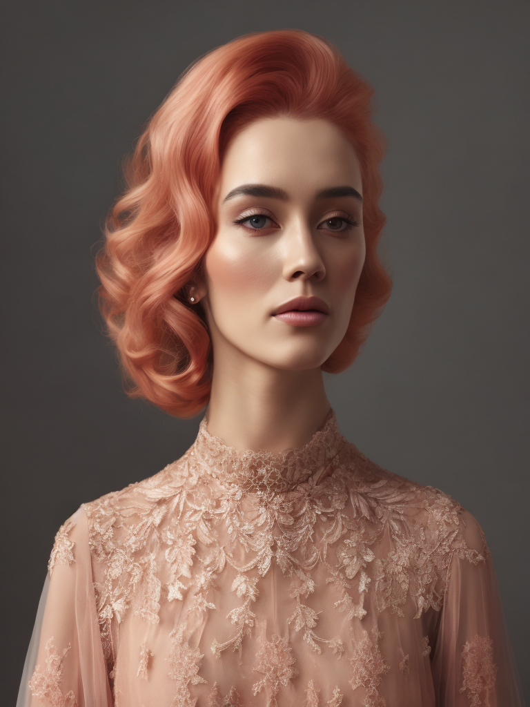 A lady sporting rosy-hued hair donned in a delicate pink lace gown, artfully rendered in hyperrealism and photorealism, ultra-high-definition image, gentle-focused realism, adorned with pastel colors.