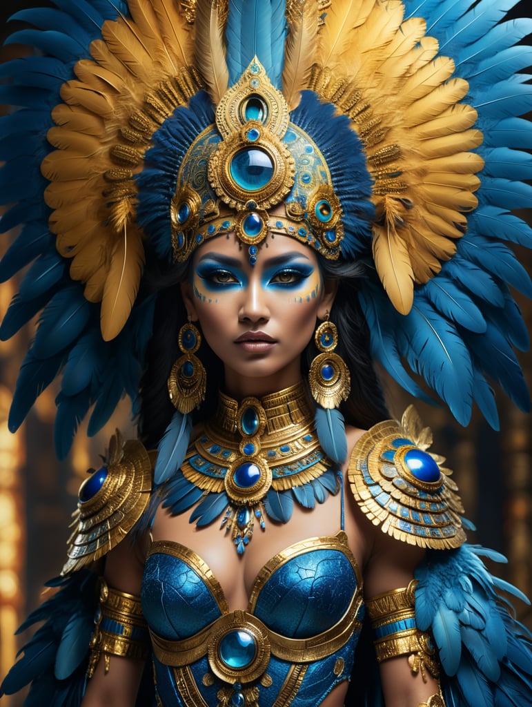 A tan skin mayan queen all blue and gold elaborate outfit, with huge headpiece center piece, blue gold makeup with oversized headdress with long bird feathers, with depth of field, fantastical edgy and regal themed outfit, captured in vivid colors, embodying the essence of fantasy, minimalist.