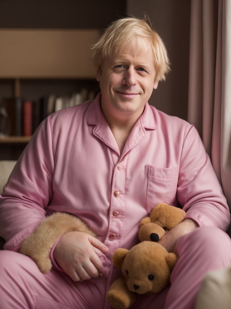 Boris Johnson in pink pajamas smiling, holding one cute brown teddy bear, bright and saturated colors, detailed portrait, realistic style
