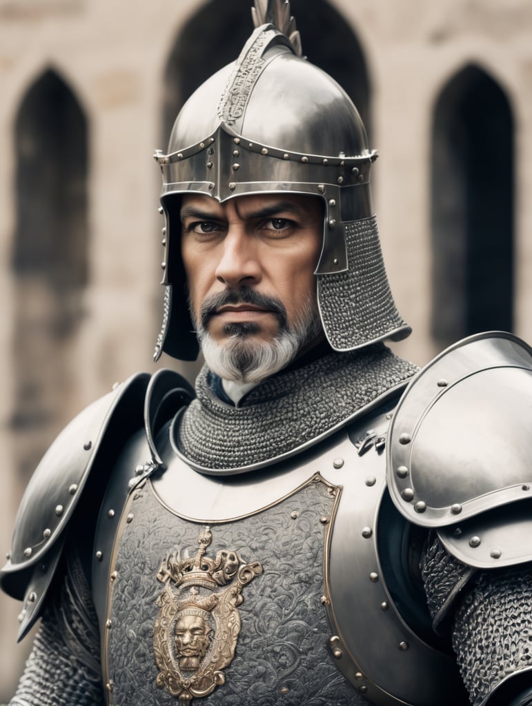 potrait of midieval king in front of his castle in full armour