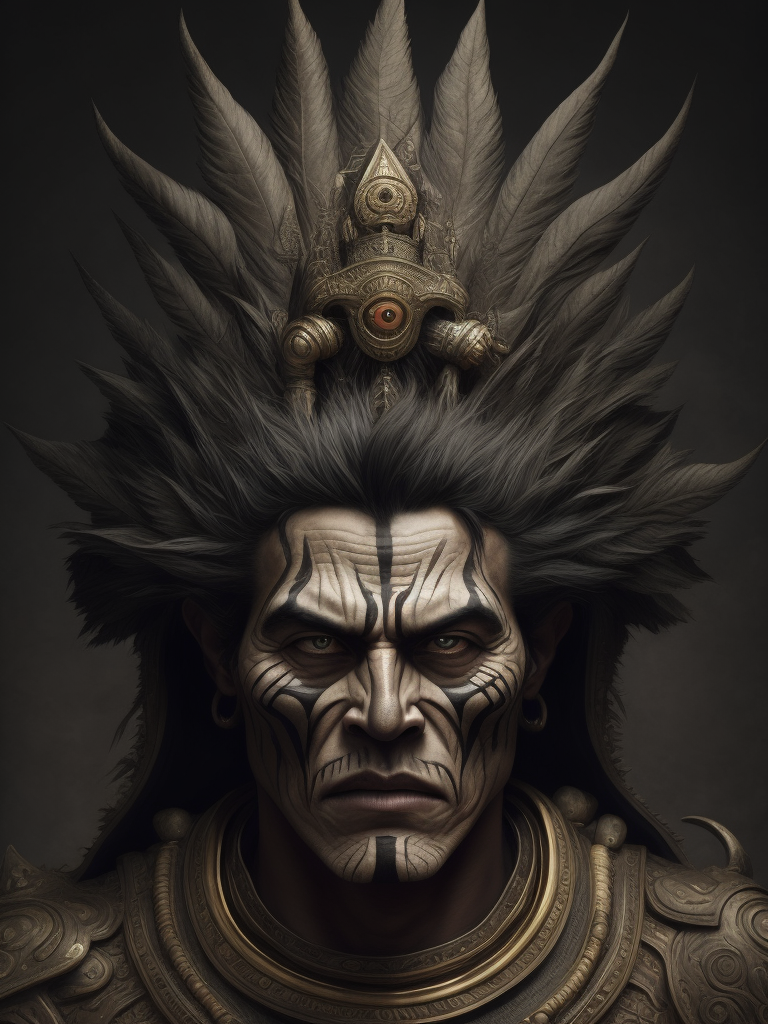 In this powerful and evocative image, mictlantecuhtli, the ancient aztec god of the underworld, emerges in all his ominous glory. rendered predominantly in stark black and white, with subtle gradations of gray, the depiction showcases the deity's menacing presence and serves as a testament to his authority. mictlantecuhtli's face embodies an intense fury, with furrowed brows and eyes ablaze with anger. his facial features are sharp and defined, with deep-set eye sockets that pierce through the darkness. elongated, bony structures form his skeletal visage, accentuating the otherworldly nature of his being. jagged teeth, stained and yellowed, protrude menacingly from his mouth, capturing his ferocity and instilling fear in those who behold him. the environment surrounding mictlantecuhtli reflects the essence of his era, transporting us to the aztec underworld known as mictlan.