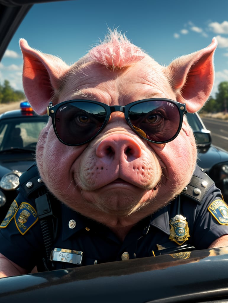 A angry pig police officer, sitting behind the wheel of a police car, close-up shot, sunglasses, clipart, stock photo