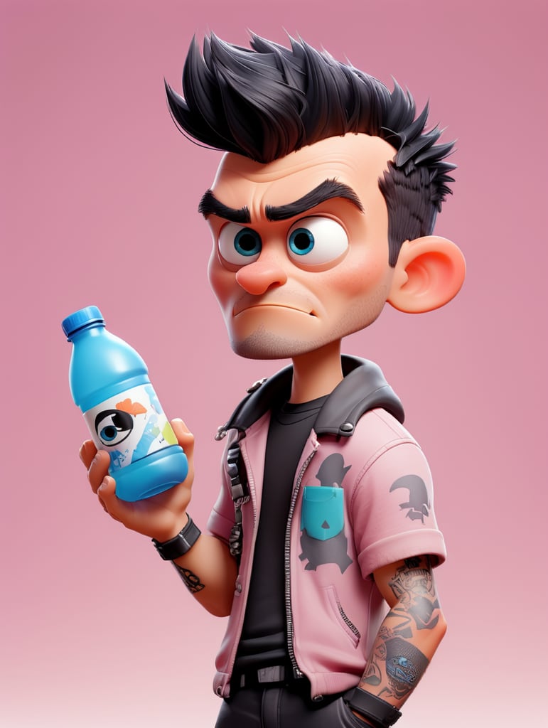 a punk designer holds in his hand a water bottle, isolated, light pink background