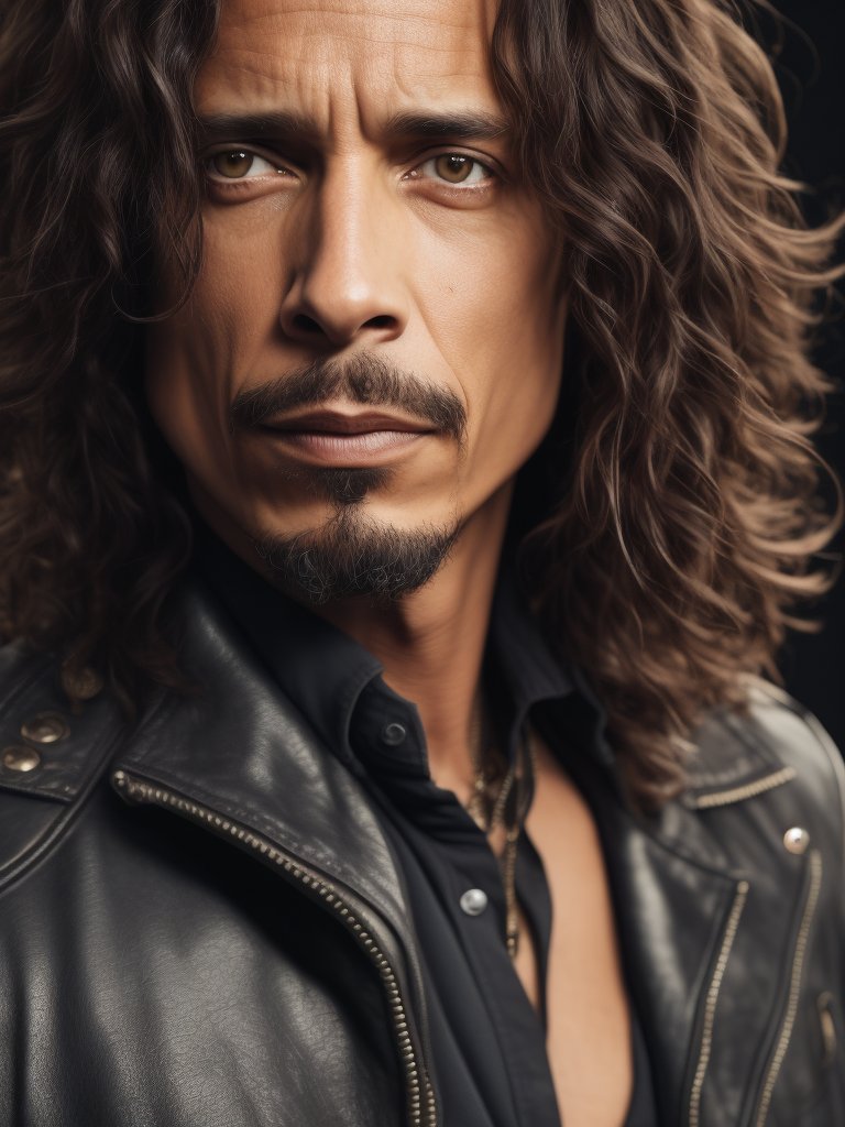 Close up photo of the face of Singer Chris Cornell of the band Soundgarden, photorealistic, hyper realistic
