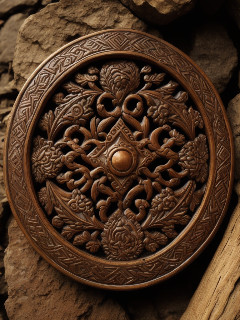 a slavic ornament carved from the dark reed wood, detailed, deep carving, handcrafted