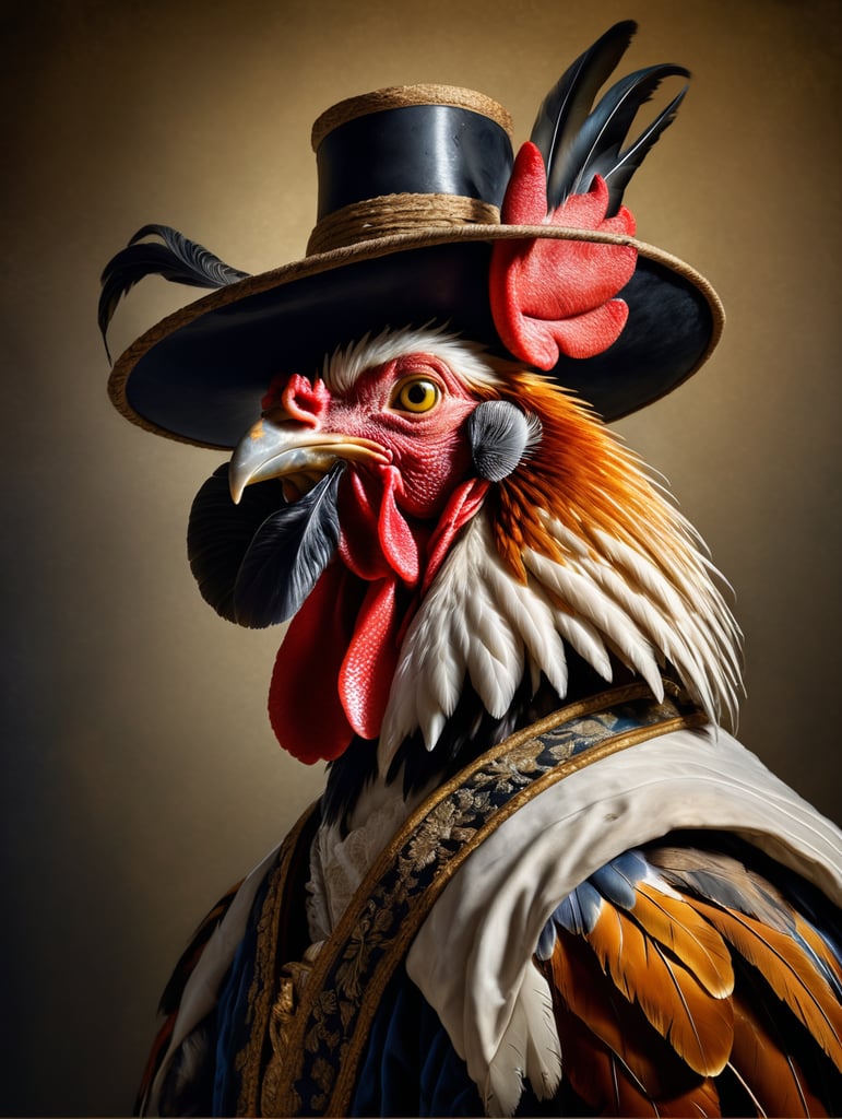 A masterpiece painting by Rembrandt Van Rijn, a portrait of a rooster, wearing the typical clothes of the time, 2 3 view, simple background, waist upwards, highly detailed, high contrast