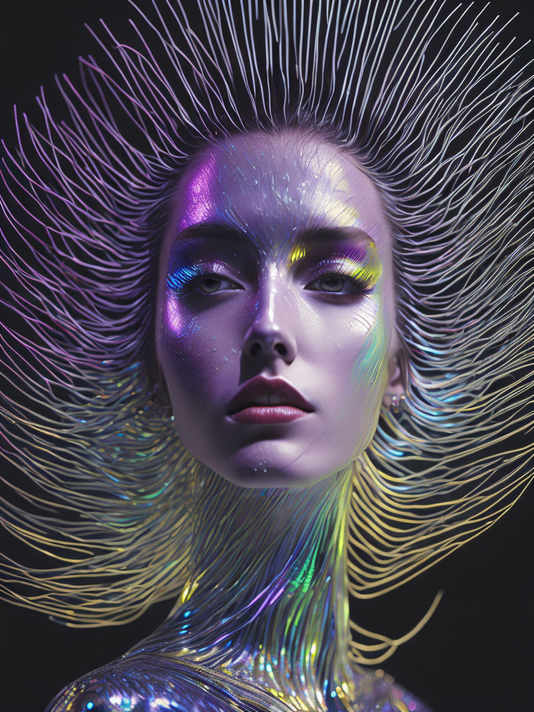 Mesmerizing Holographic face materials shimmer in motion, Photography in the style of Rankin
