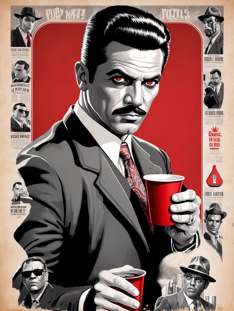 Miami gangster holding a red cup eye-catching poster-style drawing and illustration representing the iconic pulp style.