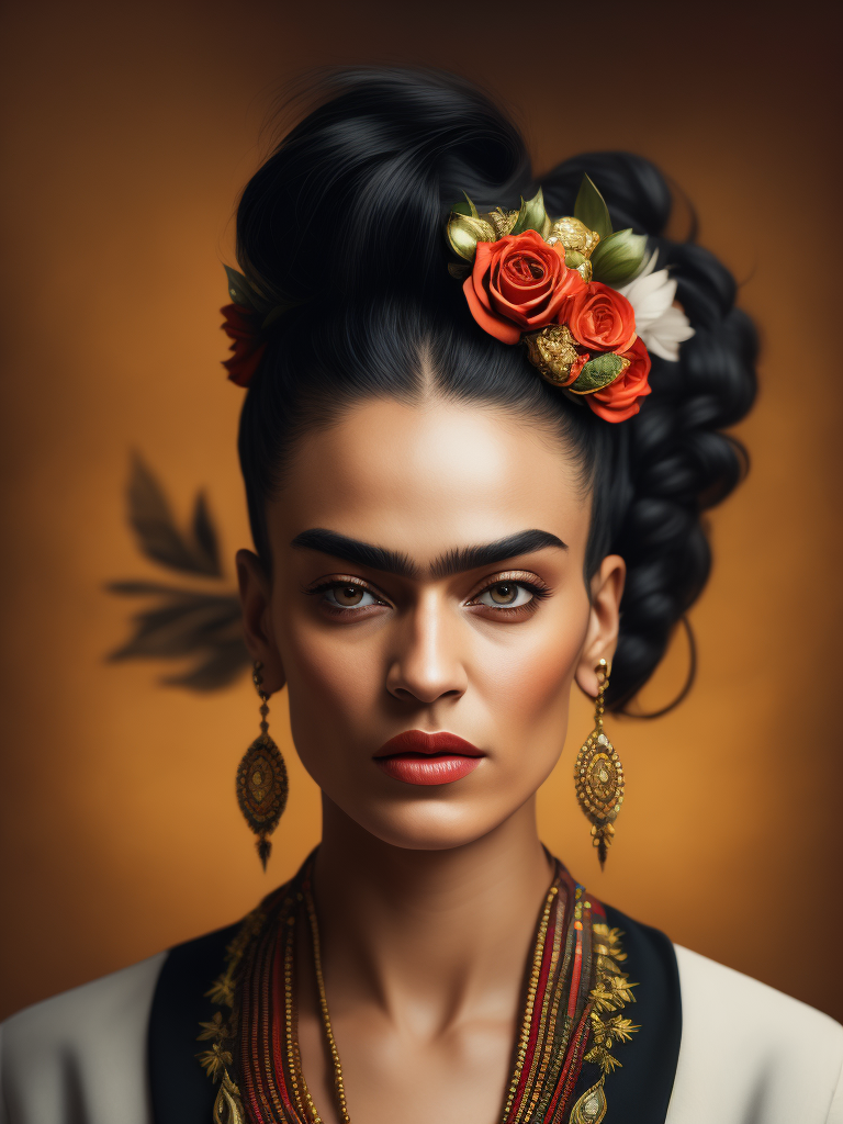 Portrait of Frida Kahlo, bright and saturated colors, elegant, highly detailed, vogue, fashion magazine, sharp focus, bright expressive makeup, dramatic lighting, depth of field, incredibly high detailed, blurred background'