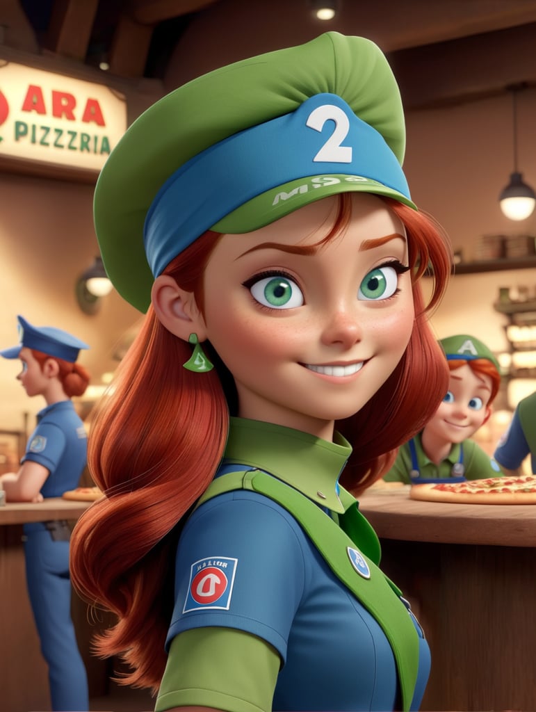 Alena works in a pizzeria. she is slender, red hair, brown hair, blue eyes, wearing a green uniform and bandana