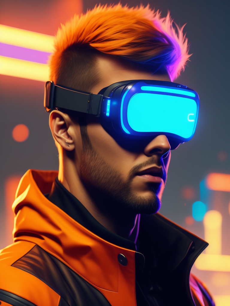 Man wearing virtual reality glasses, cyberpunk style, neon colors, bright colors, bright blue glowing glasses, sharp details, contrasting light