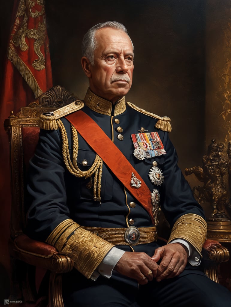 Classical portrait of royalty in uniform. Dramatic lighting. Oil paint texture, high quality.