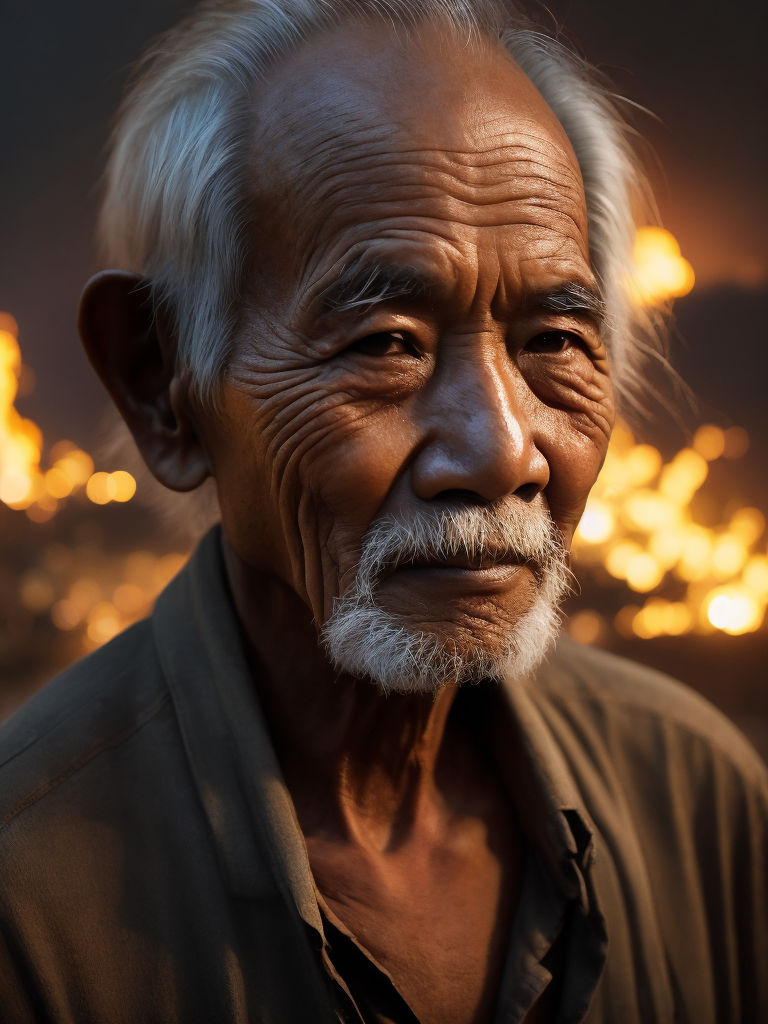 A close-up of a Vietnamese old man's face, illuminated by the light of a fire, with a backdrop of a dirty river and a shanty town.