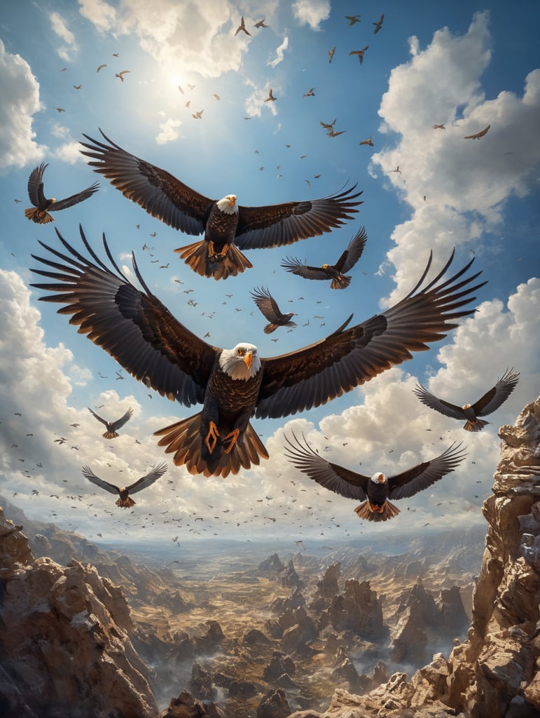 High above a magnificent display unfolds as a 5 birds soar through the expansive blue sky With their wings spread wide