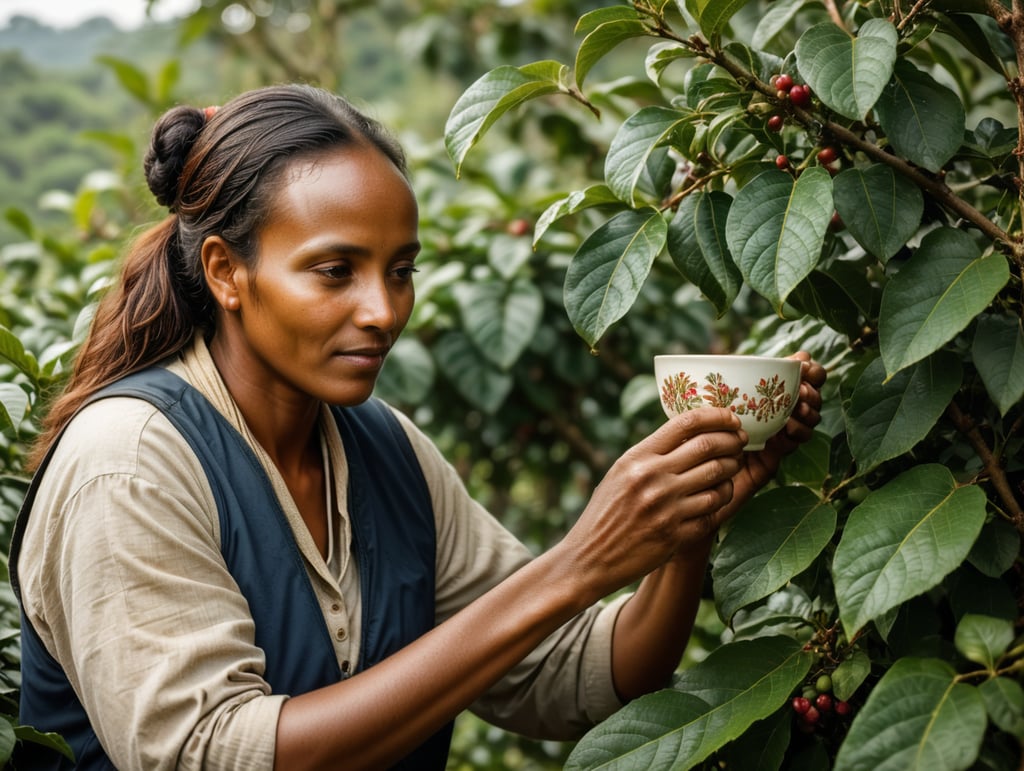 Create a typical ethiopian woman picking coffee from a coffee bush