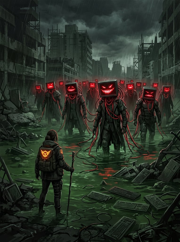 figures with glowing red monitor heads displaying jagged mouths, dangling cables, murky green flooded terrain, lone figure facing them with glowing orange jacket emblem, scattered keyboards, dystopian digital painting