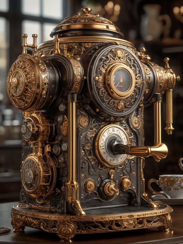 coffee maker made in steampunk style, decorated with gold, carved white plastic, ivory color, deep engraving