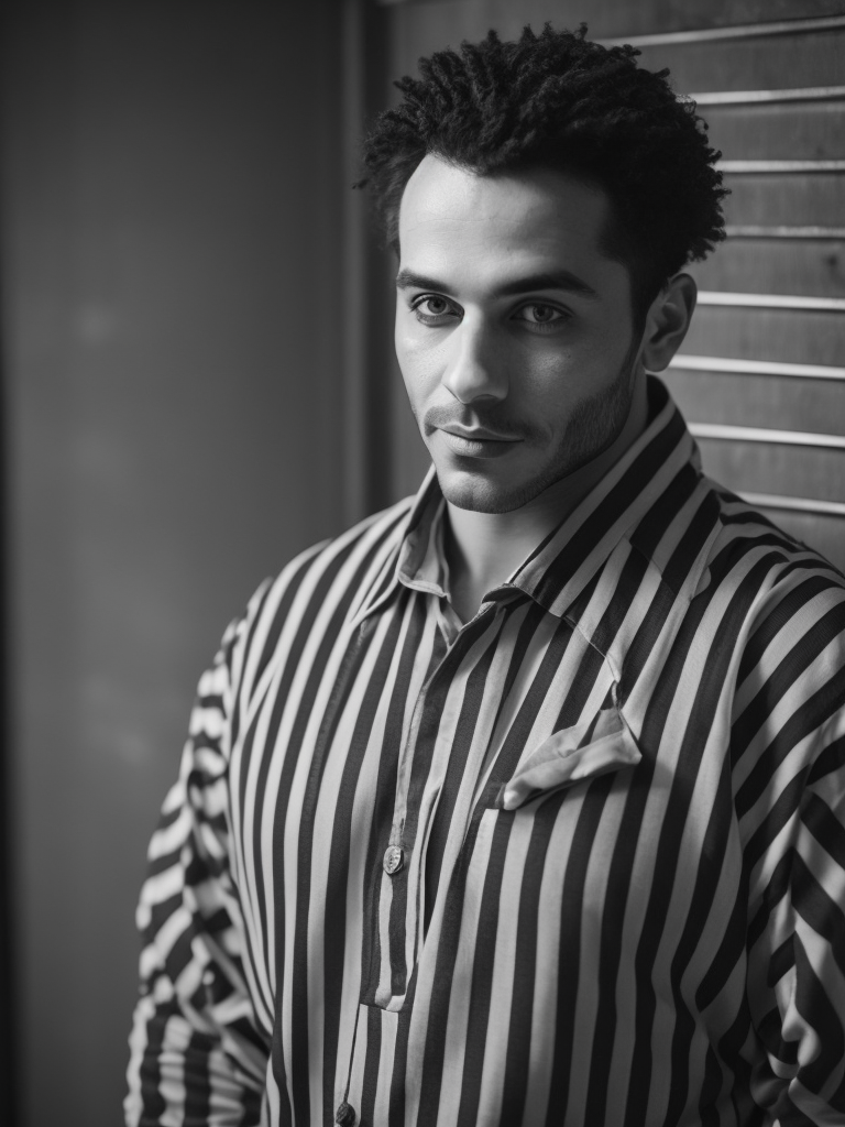 clown in a black and white stripes prison jumpsuit uniform