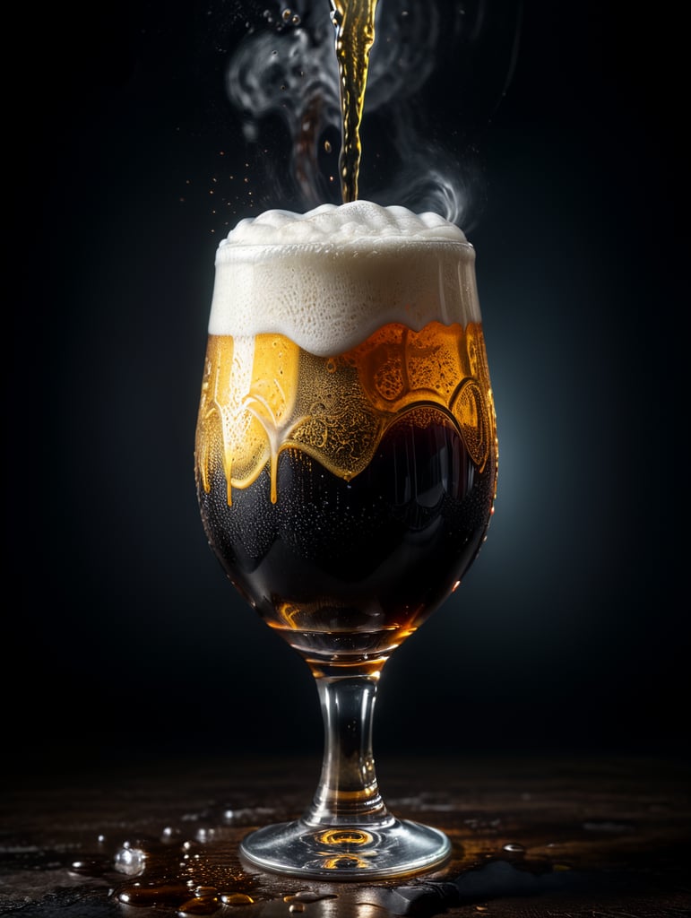 professional photo of a black beer glass, Beer foam coming out of a glass, isolated, black background
