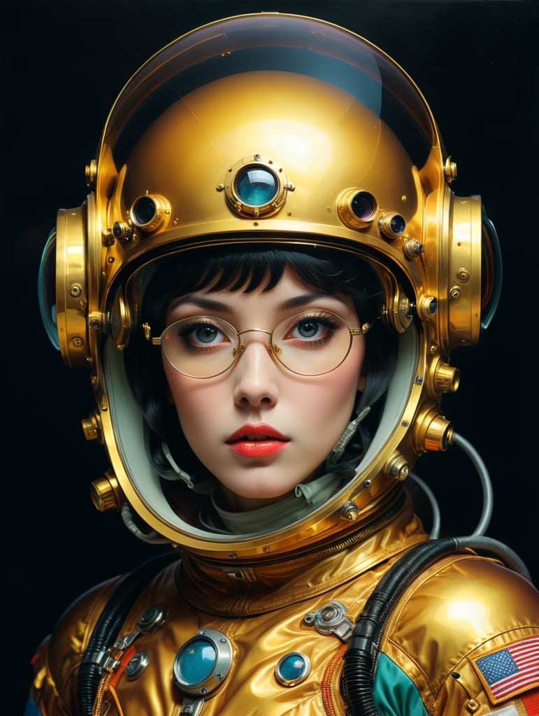 In 1998, abstract fashion photography captured a 1960s astronaut woman in a gold spacesuit with a large helmet and glasses. The art, created by Victor Moscoso and Bridget Riley, used Kodak Ektar 100 film. Carne Griffiths added a touch of magic with fluid art, while artists like Conrad Roset, Ilya Kuvshinov, Mark Fielding, and Zwy Studio emphasized high lights in the eyes. Sergio Lopez and Natalie Shau also contributed to the artwork.