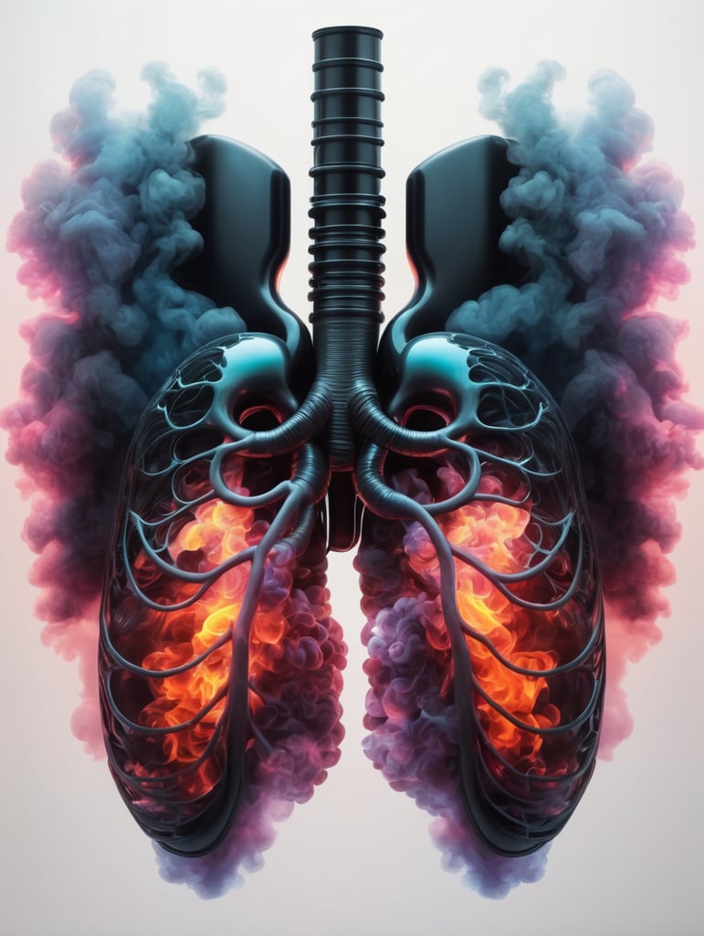 a pair of lungs with ephemeral smoke and fire, dark, neon, cyberpunk