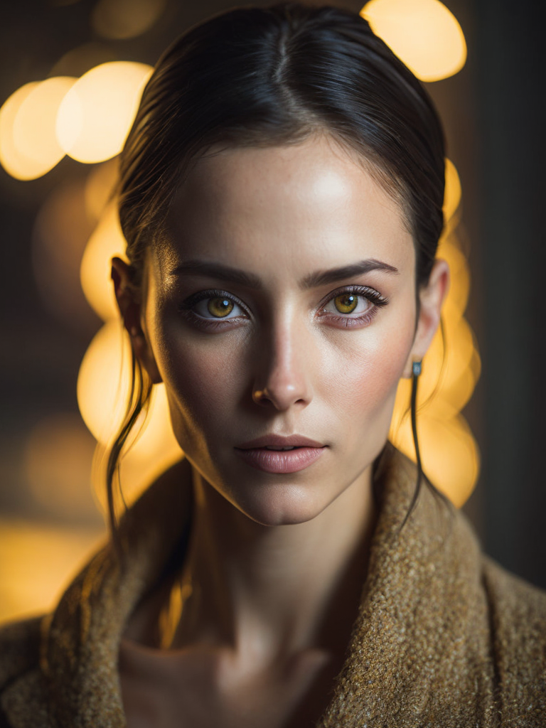 a women looks on the camera, yellow side lighting, focused gaze, canon 50 lens, focus on the face everything else is in blur, the blade runner scene.