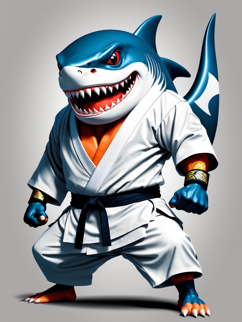 humanoid vector shark in judo kimono stay in action pose and angry face