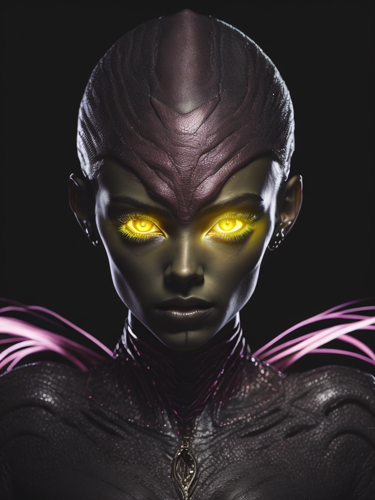 Beautiful alien girl with pink skin and yellow eyes, portrait, black background
