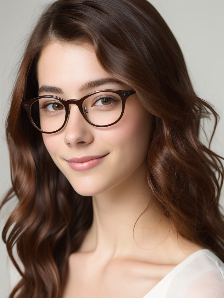 Young woman Approximately 21 years old Reddish brown hair Shorter wavy hair Brown eyes Girl-next-door look Smiling Friendly-looking Quiet Understated beauty Nerdy Glasses