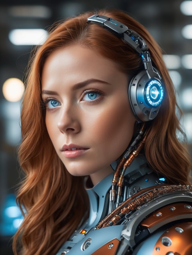 film grain, high quality, warm colors, colorful, OverallDetail, volumetric lighting, backlight, rim light, 1 girl, adult woman, light blue eyes, auburn drill hair, solo, upper body, looking up, detailed background, detailed face, (glasstech, glass theme), android, biomechanical limbs, advanced technology, head tilted, sleek design, steel, nanobots, electronics, techwear, powered by fire, energy pulse, neon colors, cables in background, cinematic atmosphere,