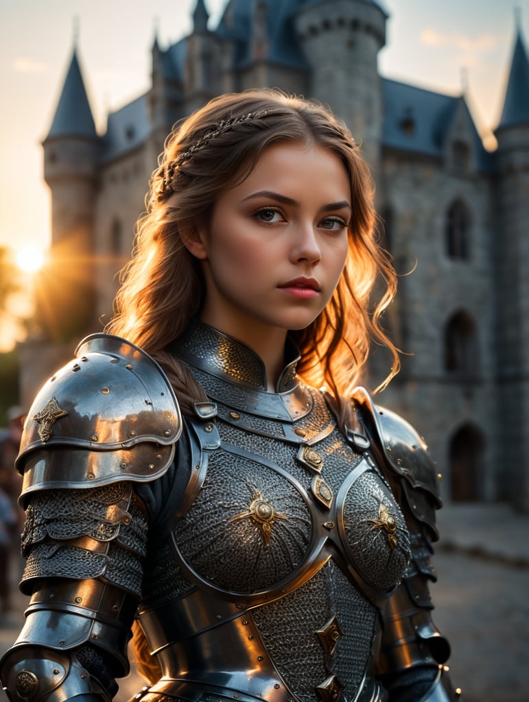 (masterpiece), (extremely intricate:1.3), (realistic photo:1.2), portrait of a girl, the most beautiful in the world, (medieval armor), (metal reflections:1.1), upper body, outdoors, intense sunlight, far away castle, professional photograph of a stunning woman detailed, sharp focus, dramatic, award winning, cinematic lighting, volumetrics dtx, (film grain, blurry background, blurry foreground, bokeh, depth of field, sunset, motion blur:1.3), chainmail
